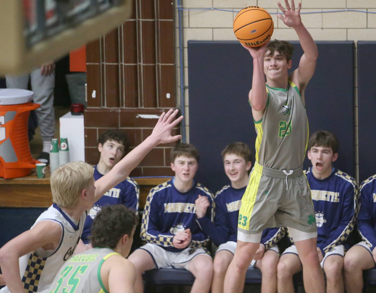 Seneca's Brady Sheedy shoots a jump shot over Marquette's Luke McCulough on Friday, Feb. 21, 2025 in Bader Gym at Marquette Academy.