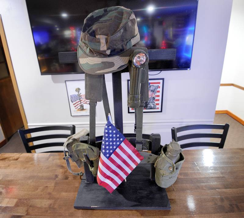 A new display, representing missing and fallen soldiers, sits on a table on the eve of Memorial Day on May 26, 2024, at the Yorkville American Legion Post 489.