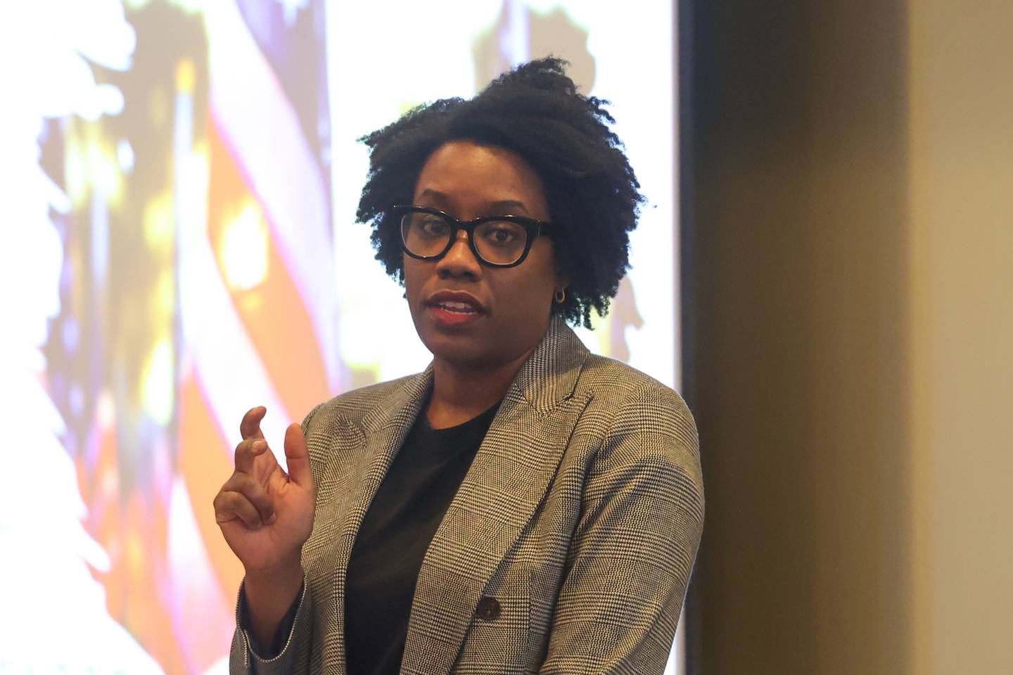 Illinois District 14 Representative Lauren Underwood speaks at Lewis University before presenting the University with a Federal check for $950,000 for semiconductor research on Tuesday, Jan 28, 2025 in Romeoville.