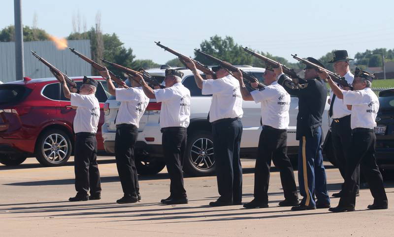 Peru Veterans Memorial Group Veterans perform a 21 gun salute during  a Flag Retirement Ceremony on Friday, June 14, 2024 at Veterans Park in Peru.  The ceremony began as a Eagle Scout project for area boy scouts about 30 years ago. Boy Scouts from Peru's Troop 123 and Peru Cub Scouts from Pack 3709 were on hand to help with the ceremony. When an American Flag gets torn and tattered, Flag etiquette requires it to be proper disposed in a burning cauldron.