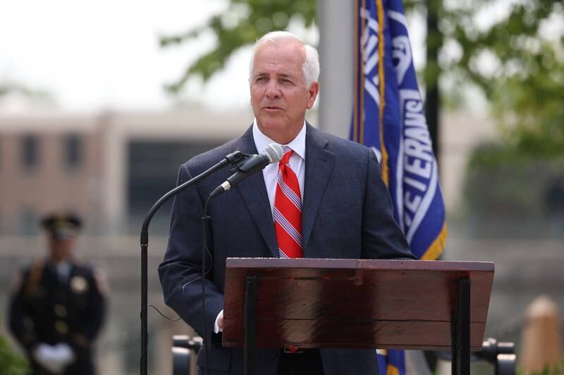 Joliet Mayor Terry D’Arcy speaks at a special Flag Day ceremony dedicating a memorial to remember the 28 World War II Submarines that traveled through Joliet on their way to the Pacific theater in Bicentennial Park on Wednesday, June 14, 2023 in Joliet.