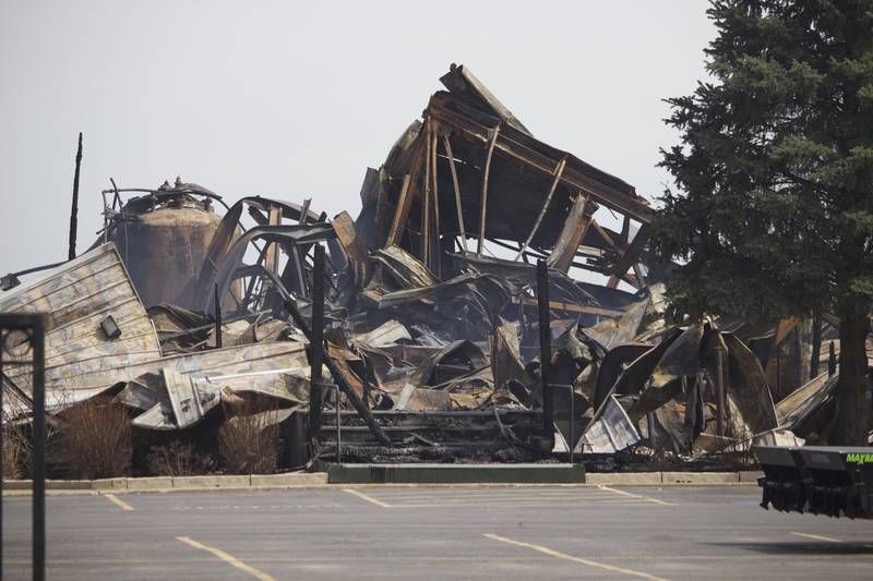 The aftermath of a fire that destroyed a building at the site for Rovanco Piping Systems, seen on Monday, April 14, 2025, at 20535 SE Frontage Road, Joliet.