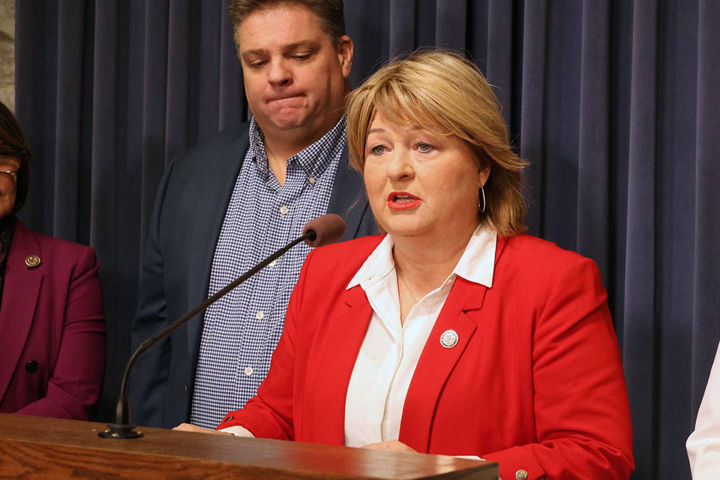 State Sen. Terri Bryant, R-Murphysboro, with State Sen. Chapin Rose, R-Mahomet, speaks on her support for data centers supplying their own energy generators.