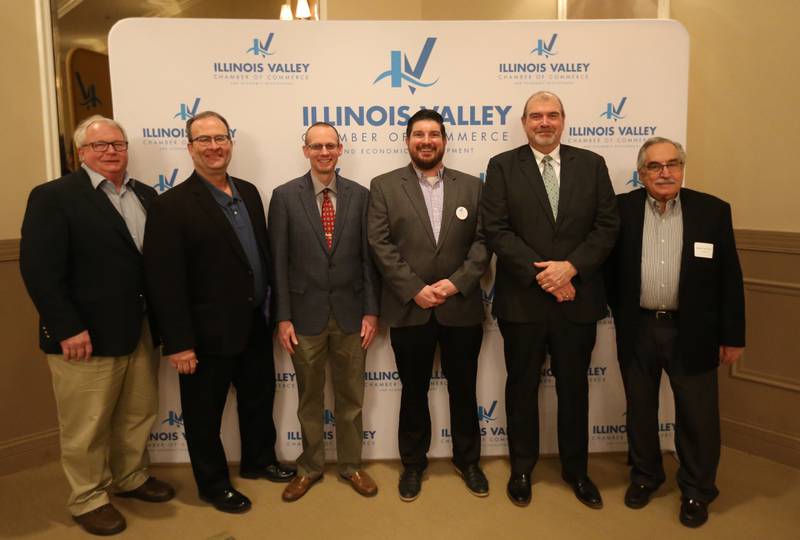 (From left) Ottawa mayor Dan Aussem, Peru mayor Ken Kolowski, Utica mayor Dave Stewart, Illinois Valley Chamber of Commerce executive director Bill Zens, Princeton mayor Joel Quiram and Oglesby mayor Dominic Rivara pose for a photo during the State of the Cities Luncheon hosted by the Illinois Valley Chamber of Commerce on Thursday, March 16, 2023 at Grand Bear Lodge in Utica.