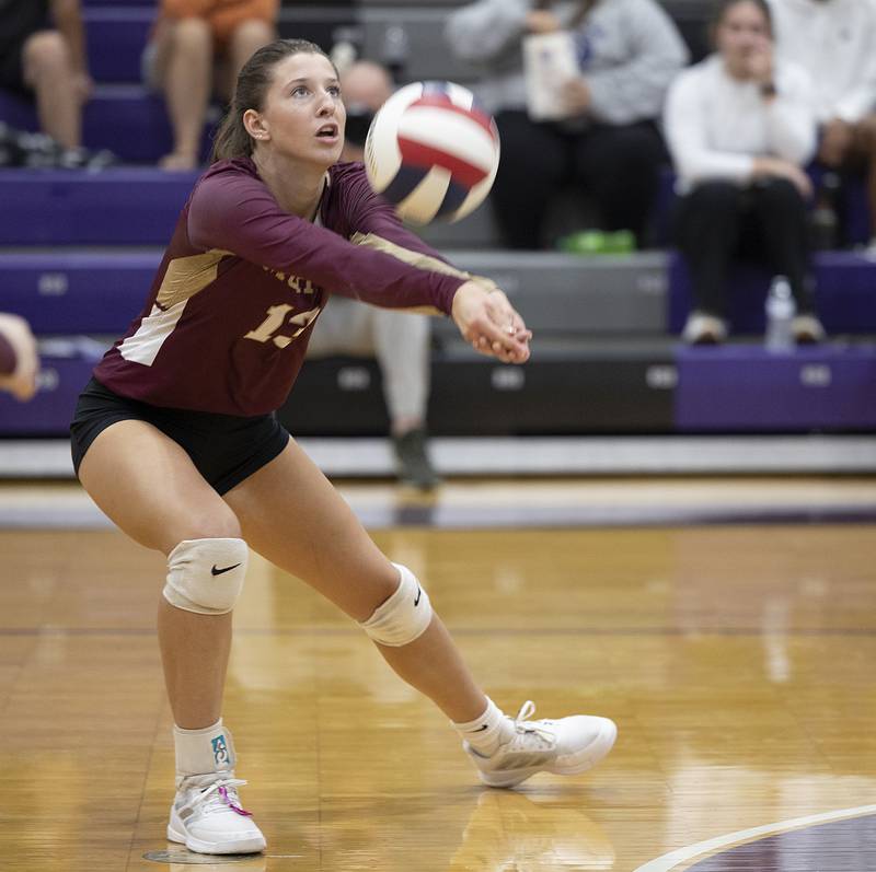 Morris’ Tessa Shannon plays the ball against Sterling Tuesday, Oct. 29, 2024, at the class 3A regional semifinal in Dixon.