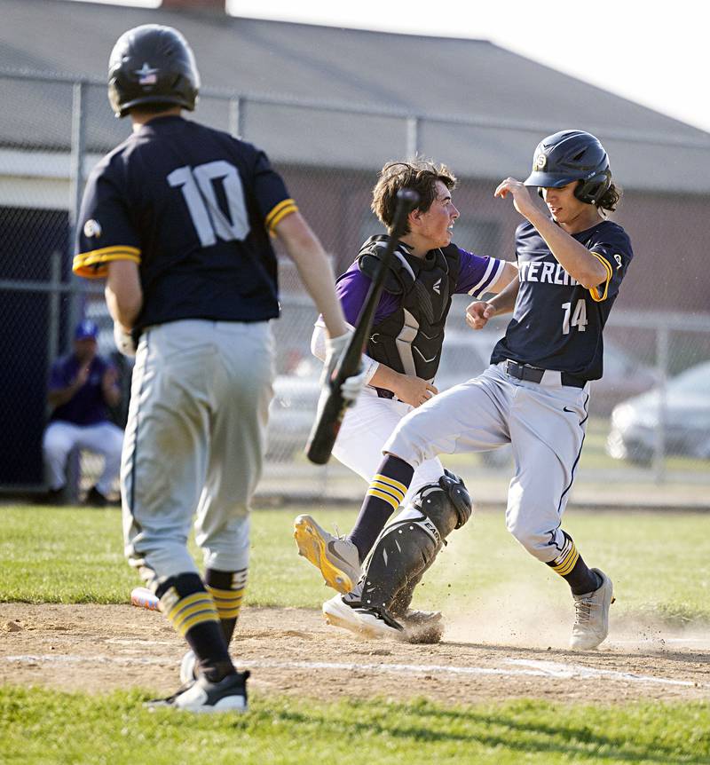Sterling’s Gio Cantu comes in to score to make it a one run game against Rochelle in class 3A regional action on Monday, May 22, 2023.