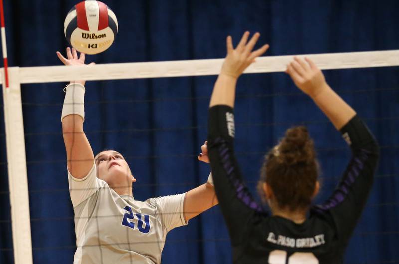 Princeton's Ellie Harp spikes the ball past El Paso-Gridley's Eliza Meiss in the Class 2A Regional Semifinals on Tuesday, Oct. 29, 2024 at Fieldcrest High School.