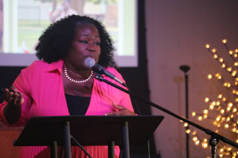 Danita Sims, of Opportunity DeKalb, gives remarks Jan. 18, 2025, during a graduation ceremony to commemorate the inaugural cohort on completing the Breakthrough Community Business Academy.