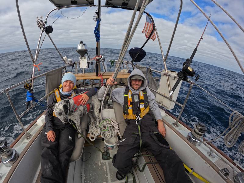 Cruising Maya sailing Offshore West of Baja- trailing two lures near Baja Mexico in Nov 2021.