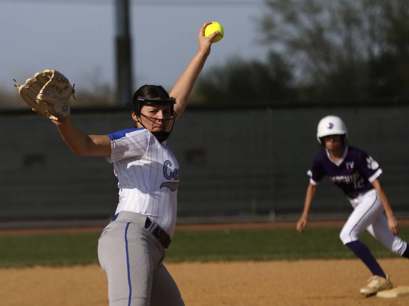Burlington Central's Isabelle Reed throws a pitch during a Fox Valley Conference softball game against Hampshire on Tuesday, April 21, 2026, at Hampshire High School.