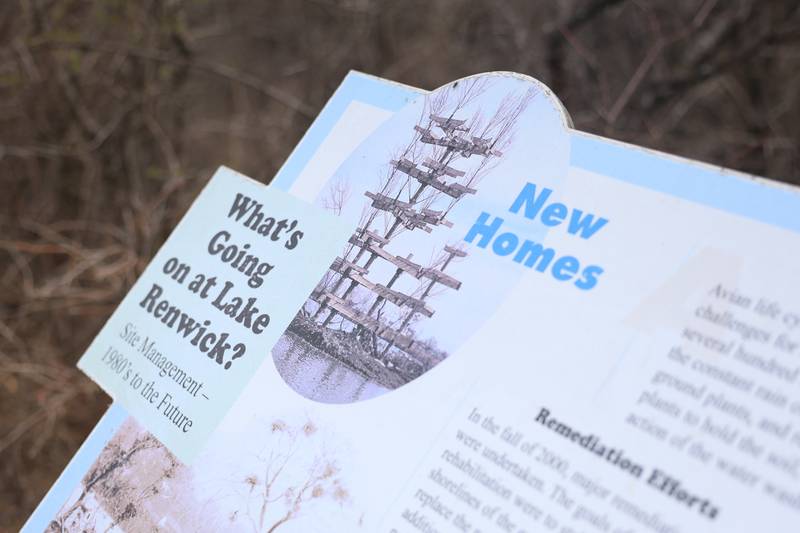 Educational boards sit along the walking paths at the Lake Renwick Heron Rookery Nature Preserve in Plainfield on Thursday, March 26, 2026.