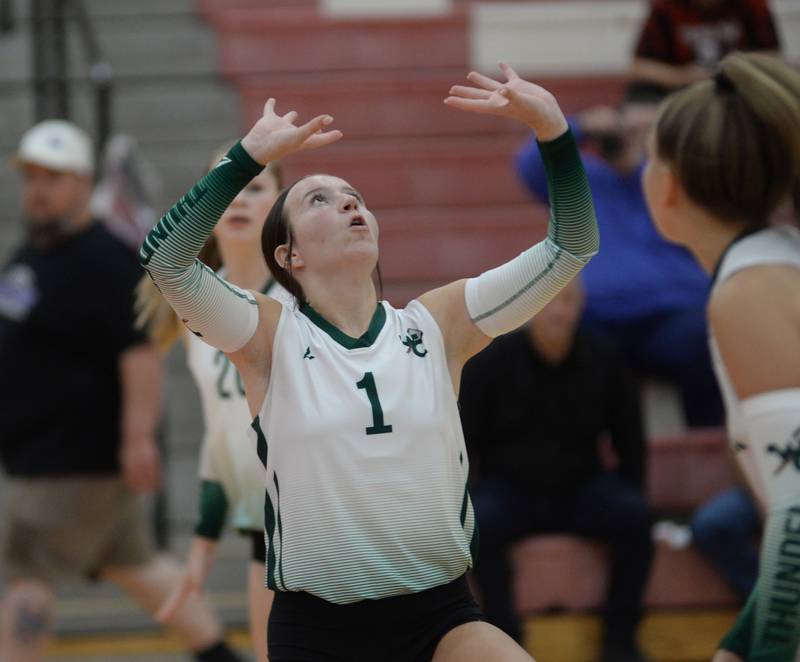 West Carroll's Audriana Wilcox gets read to set the ball at the Oregon Varsity Girls Volleyball Tournament on Friday, Sept. 5, 2025 at the Blackhawk Center in Oregon.