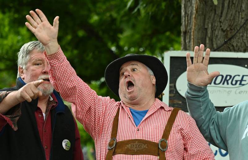 Hamming it up at the entrance to welcome all Sunday, Sept. 25, 2022, is mascot Johnny Jumptoberfest, during the Norge Ski Club's annual Fall Ski Jumping Competition in Fox River Grove.