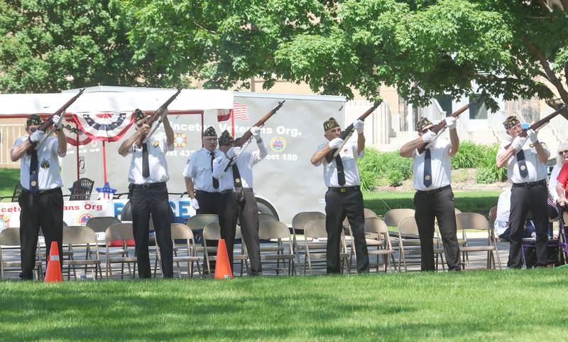 Princeton Veterans perform a 21-gun salute during the Memorial Day service on Monday, May 25, 2026 at Soldiers and Sailors Park in Princeton.