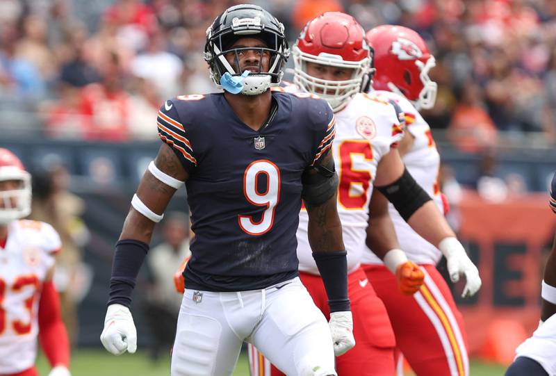 Chicago Bears safety Jaquan Brisker reacts after making a play Sunday, Aug. 13, 2022, during their game against the Kansas City Chiefs at Soldier Field in Chicago.