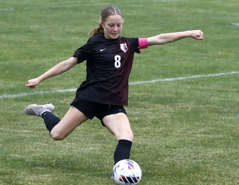 Prairie Ridge's Sierra Greenwell kicks the ball forward during a Class 2A Crystal Lake Central Regional girls soccer semifinal match against Crystal Lake South on Tuesday, May 19, 2026, at Crystal Lake Central High School.