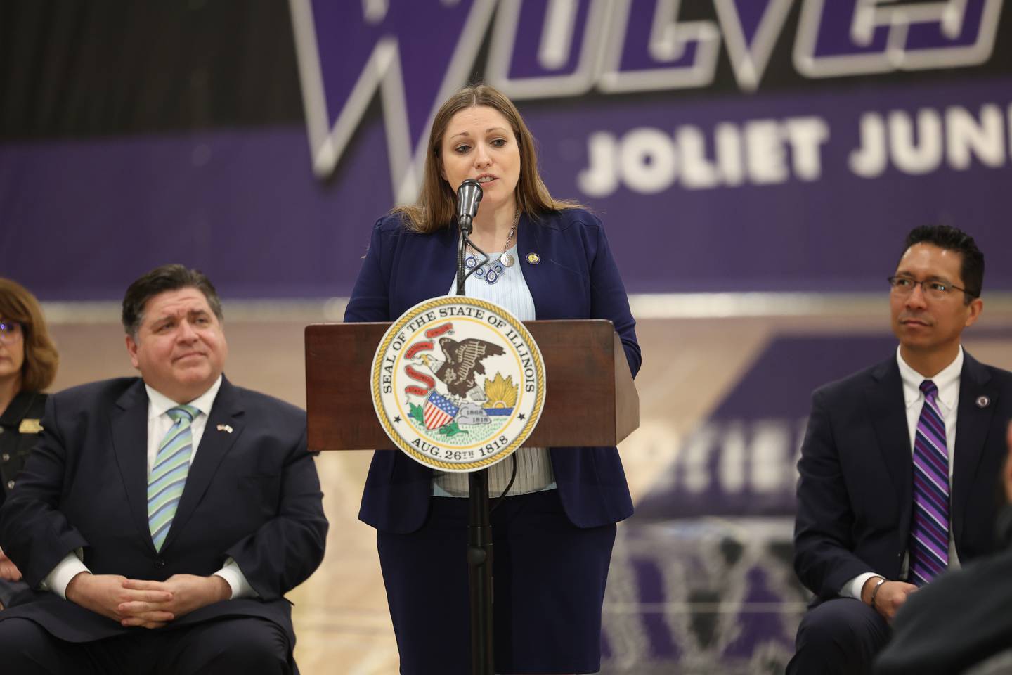 State Sen. Rachel Ventura speaks at a press conference regarding the state’s proposed investment in higher education at Joliet Junior College on Thursday, March 16th, 2023.