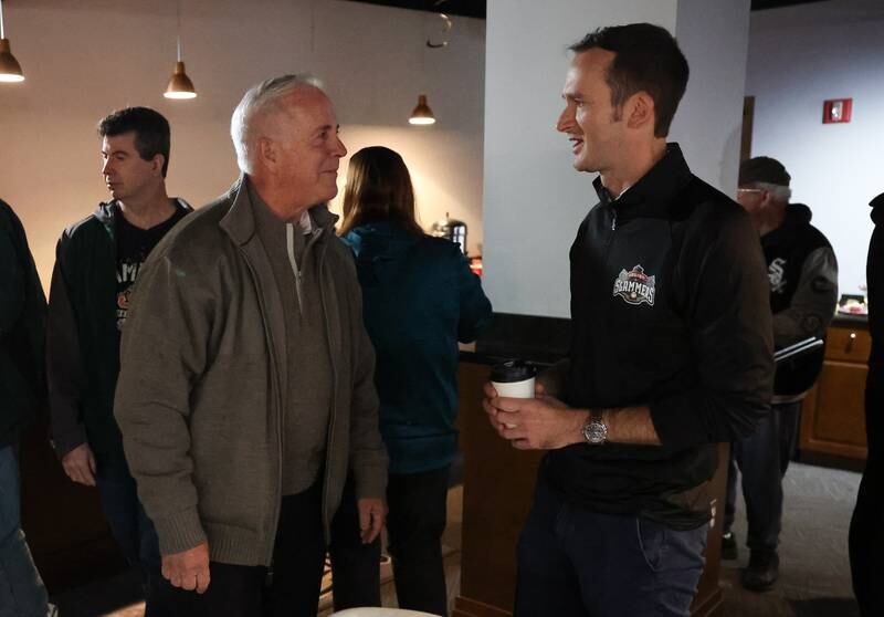 Joliet Mayor Terry D’Arcy talks with new owner Night Train Veeck at the Joliet Slammers annual Holiday Open House on Saturday, December 2nd at Duly Health and Care Field in Joliet.