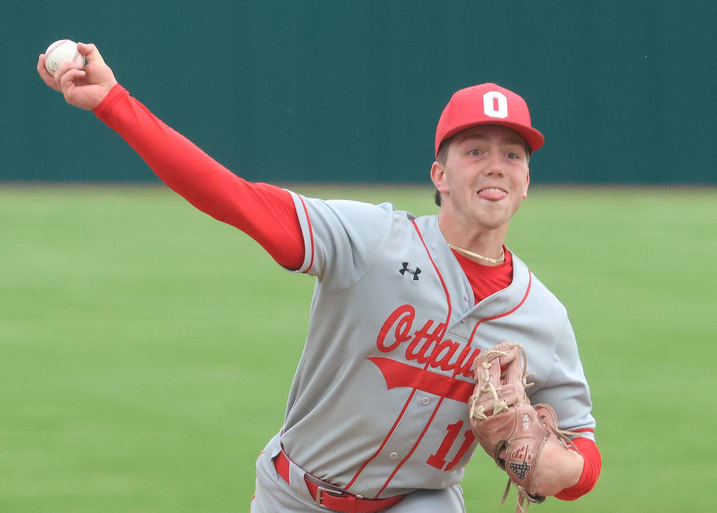 Ottawa's Adam Swanson lets go of a throw to L-P on Thursday, April 30, 2026 at Huby Sarver Field in the L-P Athletic Complex in La Salle.