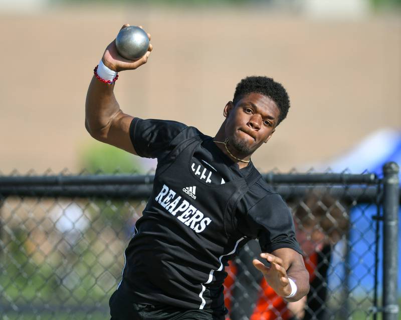 Richie Amakiri of Plano competes in the shotput portion of the Kishwaukee River Conference track meet on Tuesday May 7, 2024, held at Plano High School.