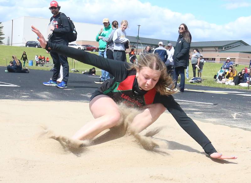 L-P's Aubrey Duttlinger competes in the long jump during the Class 2A Sectional track meet on Wednesday, May 13, 2026 in the Jeff Prusator Athletic Complex at Mendota High School.