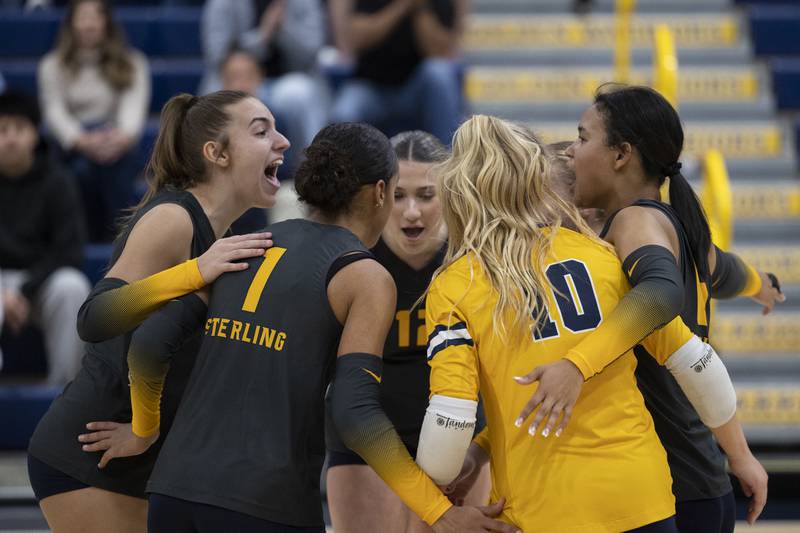 Sterling celebrates their two set victory over Freeport Tuesday, Oct. 28, 2025, in the Class 3A regional semifinal at Sterling.