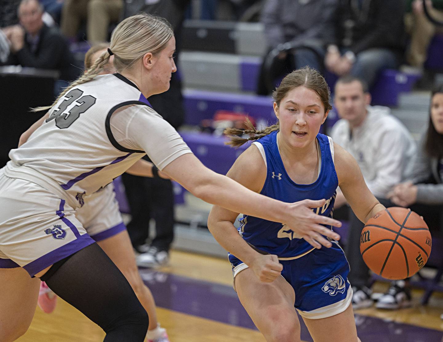 Princeton’s Miyah Fox dribbles against Dixon’s Jessie Pitman Thursday, Jan. 4, 2024 at Dixon High School.