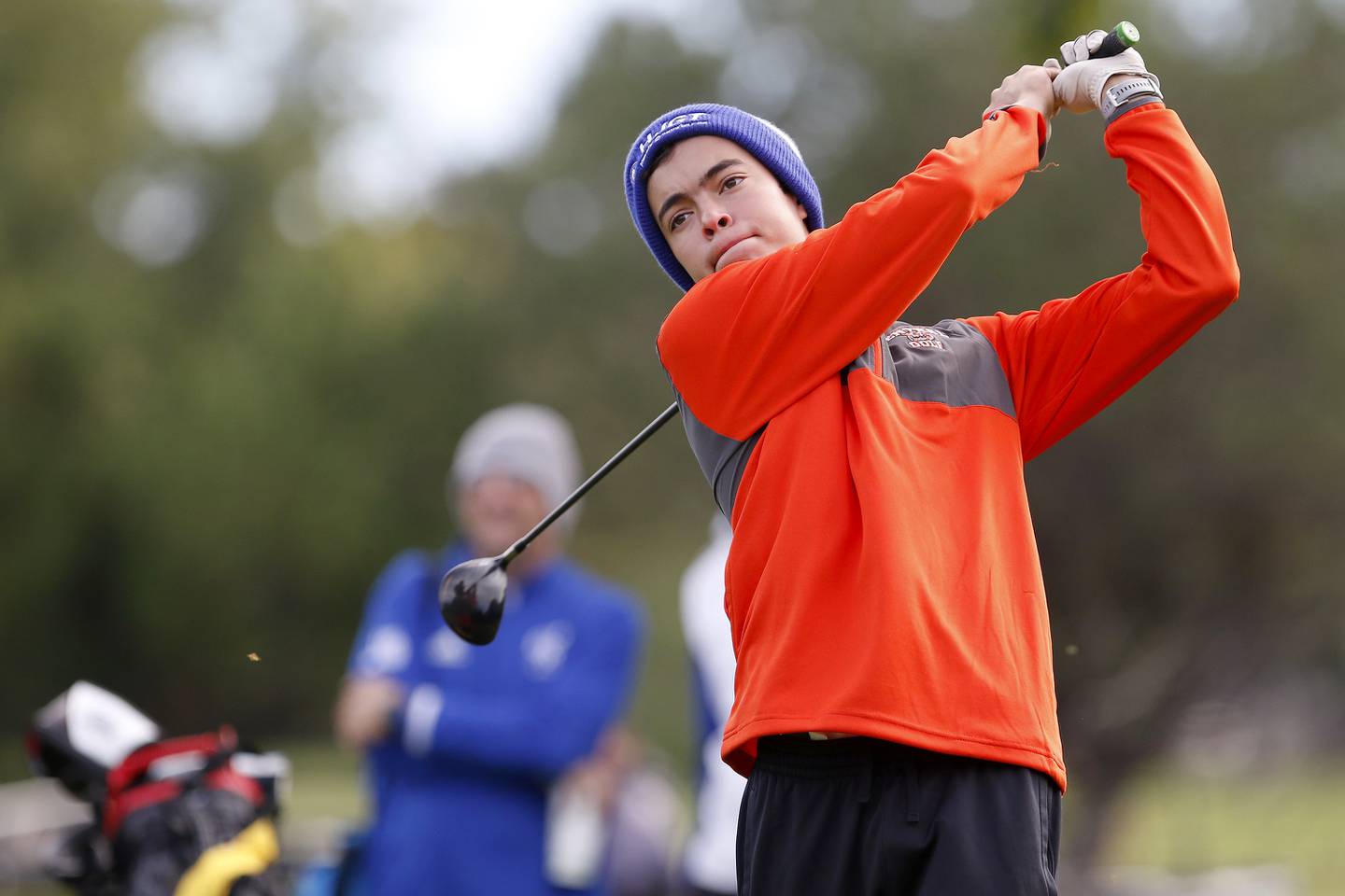 Crystal Lake Central's Christian Wakeford tees off on the first hole in the boys FVC golf tournament at Pinecrest Golf Club on Thursday, Sept. 23, 2021 in Huntley.