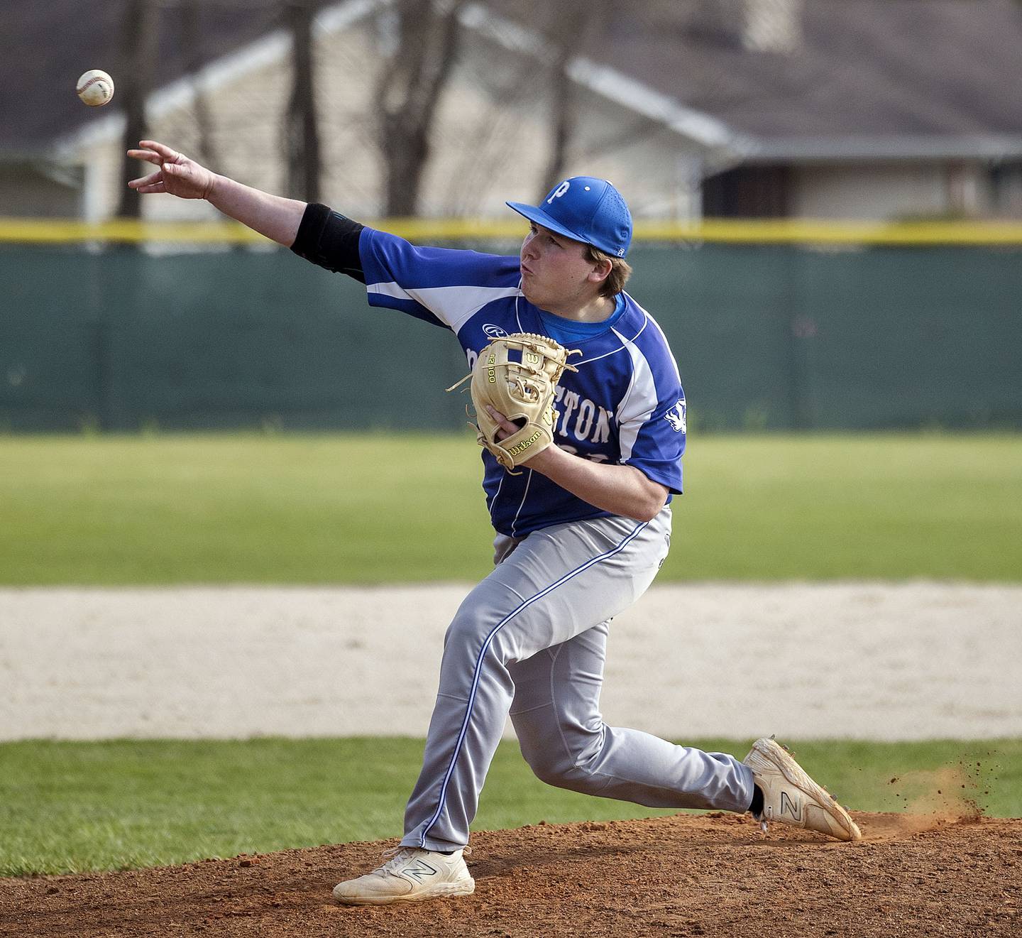 Princeton’s Jordan Reinhardt fires a pitch against Newman Thursday, April 10, 2025.