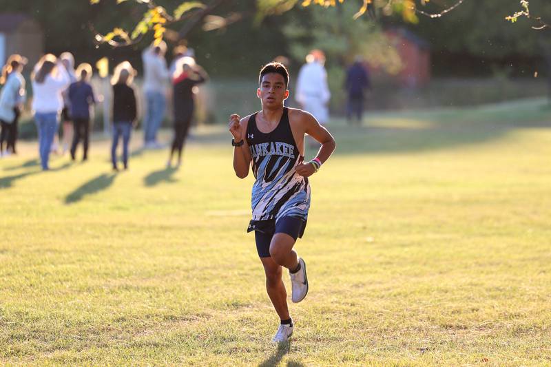 Kankakee's Ethan Marin runs the final stretch in the boys 3-mile race during All-Area Cross Country meet on Wednesday, Oct. 8, 2025, at Kankakee Community College.