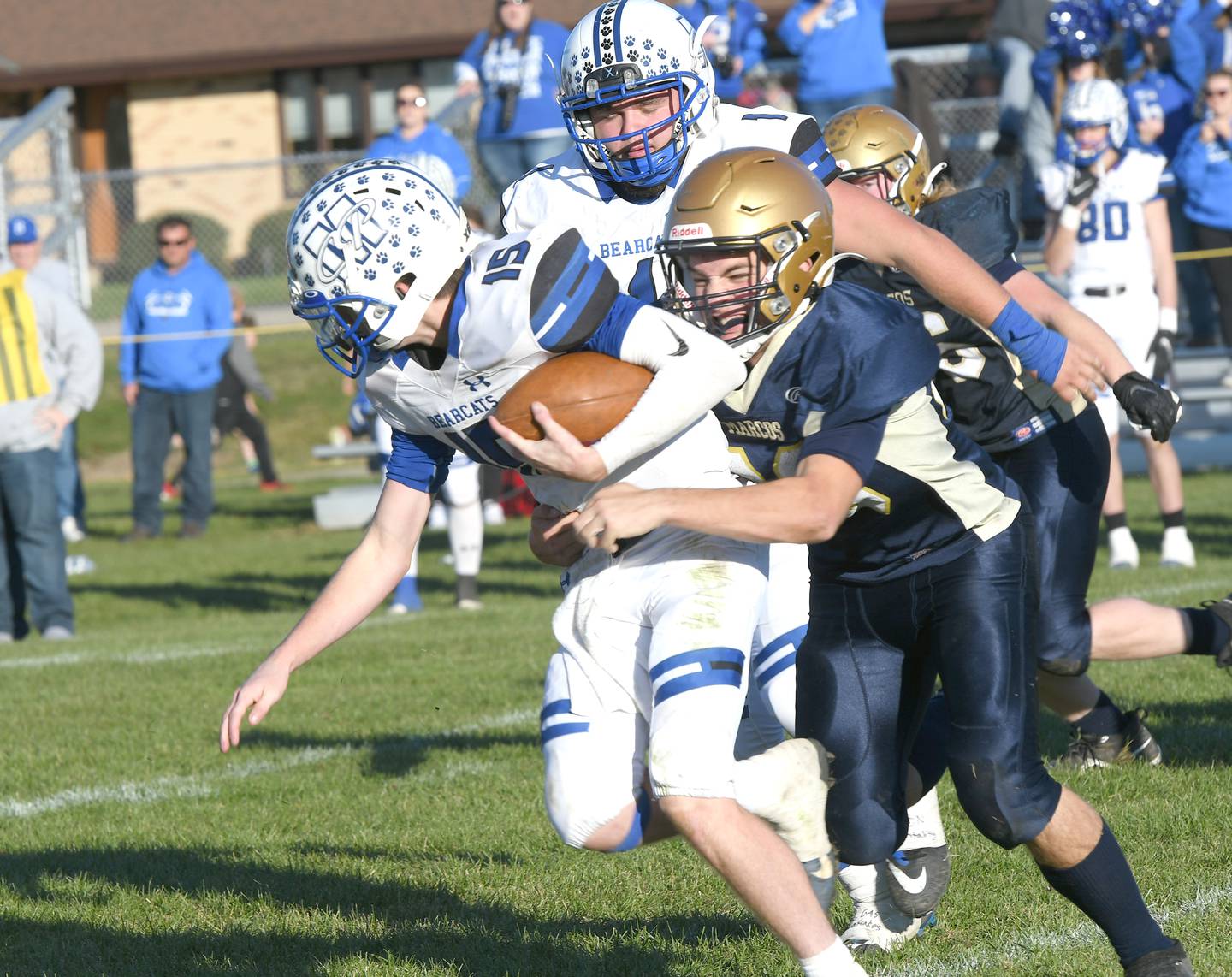 Polo's Cayden Webster tackles Milford Cissna Park's Sawyer Laffoon during 8-man playoff action on Saturday.