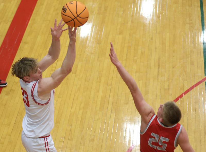 Ottawa's Owen Sanders shoots a jump shot over Streator's Joseph Hokestra during the Class 3A Regional semifinal game on Wednesday, Feb. 25, 2026 in Sellett Gymnasium at L-P High School.