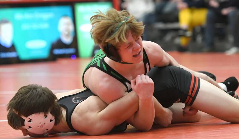 Rock Falls' Aaron Meenen holds Erie's Wyatt Goosens during a 120-pound match at the 1A Oregon Wrestling Sectional on Saturday.