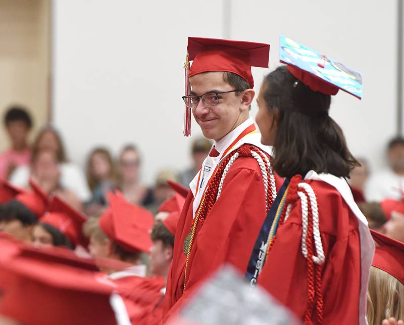 Oregon High School graduate Caleb Ehrler chats with Sarah Eckardt during the Class of 2026 commencement ceremony on Sunday, May 24, 2026.