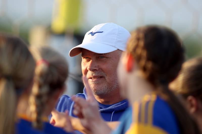 Johnsburg’s Head Coach Rob Eastland addresses the Skyhawks after a 4-0 win over North Shore Country Day  in IHSA Class 1A Sectional Title Game action at Richmond-Burton High School in Richmond on Tuesday, May 27, 2025.