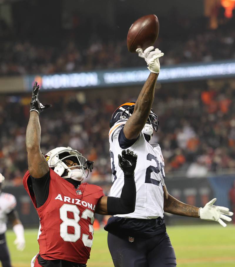 Chicago Bears cornerback Tyrique Stevenson breaks up a pass intended for Arizona Cardinals wide receiver Greg Dortch in the fourth quarter of their game Sunday, Dec. 24, 2023, at Soldier Field in Chicago.