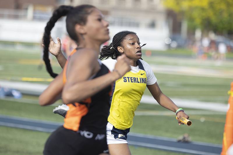 Sterling’s Taah Liberty races to the finish in the 4x100 Thursday, May 11, 2023 at the class 2A Sterling girls track sectionals.