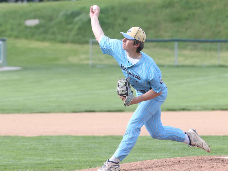 Marquette pitcher Alec Novotney fires a pitch to St. Bede on Monday, April 22, 2024 at St. Bede Academy.