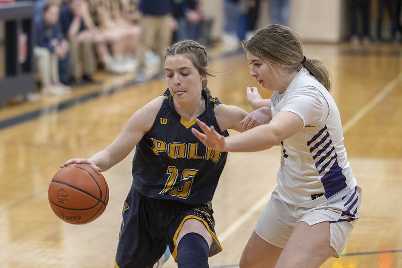 Polo’s Madison Glawe handles the ball Tuesday, Feb. 21, 2023 in the sectional semifinal against Orangeville.