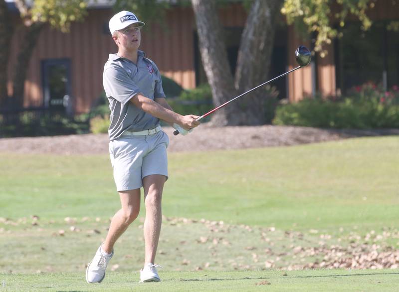 Streator's Kolden Neumann tees off during the Pirate Invitational on Monday, Sept. 15, 2025 at Deer Park Golf Club in Oglesby.