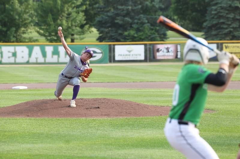 Wilmington senior Kyle Farrell throws a pitch during the Wildcats' 4-0 loss to Eureka in the IHSA Class 2A Geneseo Super-Sectional on Monday, June 2, 2025.