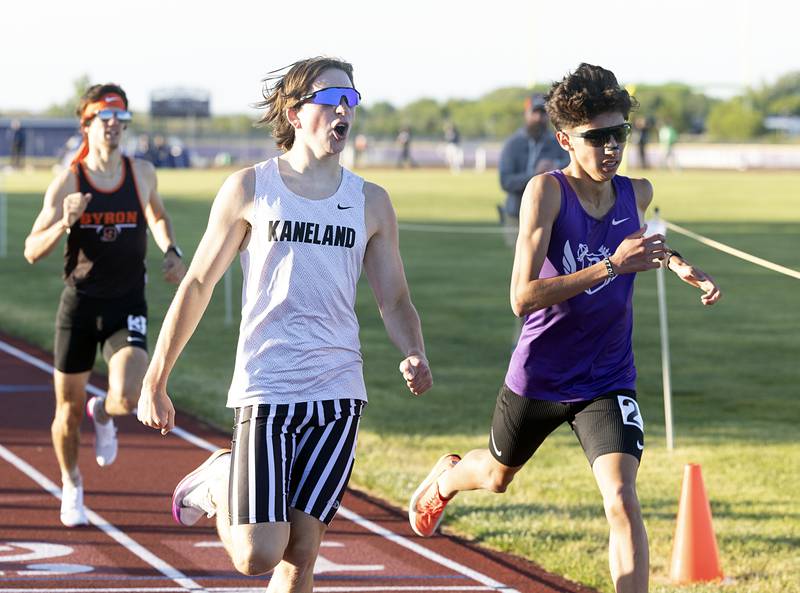 Kaneland’s Gavin Schnurstein edges Dixon’s Alonzo Bautista in the 1600 run Wednesday, May 20, 2026, at the Rochelle Class 2A boys track sectionals.