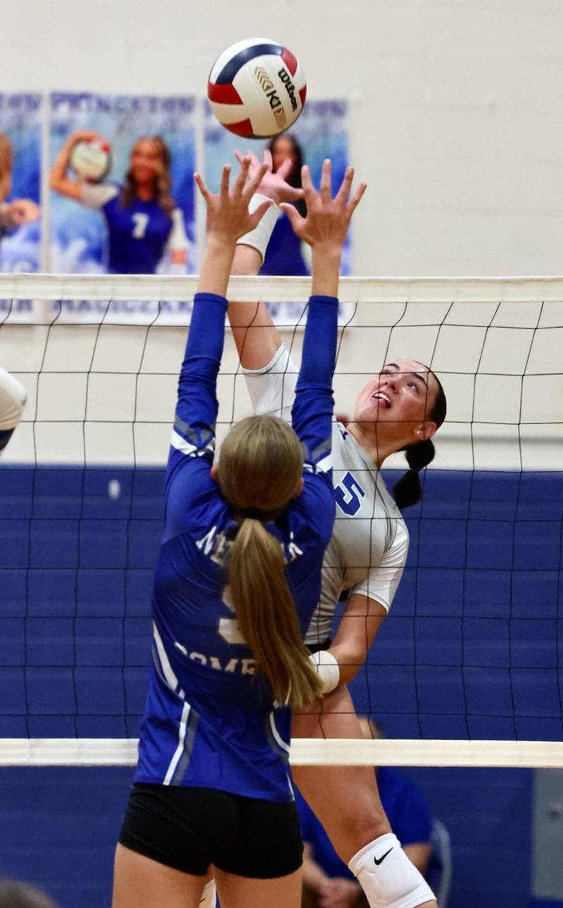 Princeton senior Keely Lawson takes a strike against Newman Tuesday night at Prouty Gym. The Tigresses won 2-0.