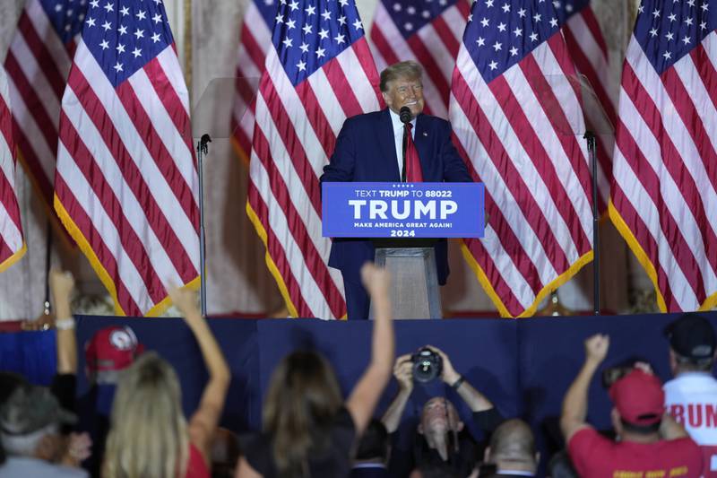 Former President Donald Trump is cheered by supporters as he announces third run for president, at Mar-a-Lago in Palm Beach, Fla., Tuesday, Nov. 15, 2022. (AP Photo/Rebecca Blackwell)