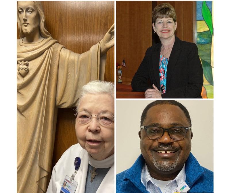 Three hospital chaplains recently shared their experiences ministering to staff, patients and families during the COVID-19 pandemic. They are Sister Josephine Mulcahey at AMITA Health Saint Joseph Medical Center in Joliet (left) and Eric Ngum (bottom right), also from St. Joe's, and Barbara Manning from Silver Cross Hospital in New Lenox.