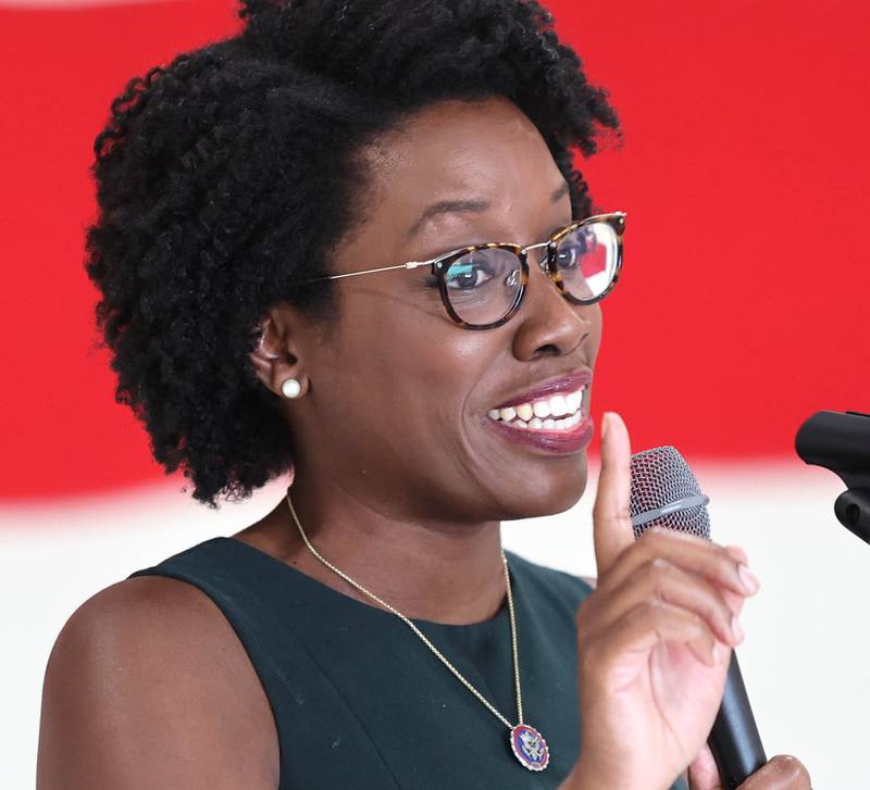U.S. Rep. Lauren Underwood, D-Naperville, answers a question from the audience Tuesday, Aug. 23, 2022, during a town hall meeting in one of the hangers at the DeKalb Taylor Municipal Airport.