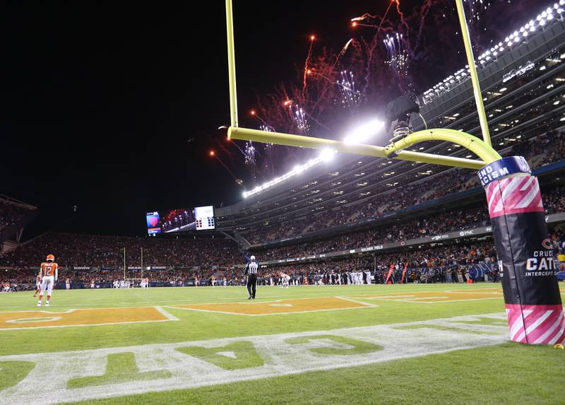 Fireworks emit from the top of the stadium at Soldier Field before the Chicago Bears and Washington Commanders game on Thursday, Oct. 13, 2022 in Chicago.