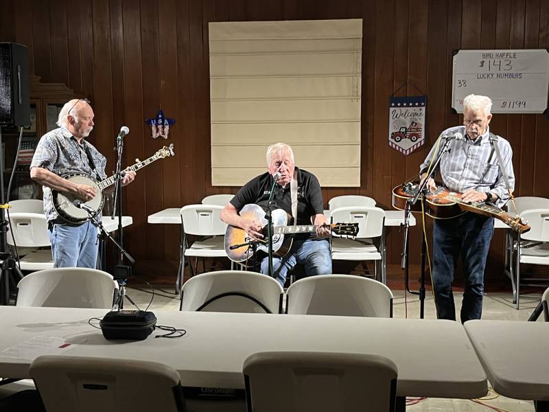 Jerry Tice performed at last month’s First Friday. Tim Laurence, on banjo, and Larry Wallace, on dobro, backed him up.