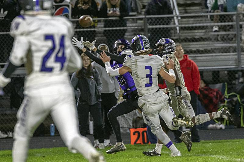 A pass to Dixon’s Cullen Shaner is just out of reach against Plano Friday, Oct. 27, 2023 in Dixon.