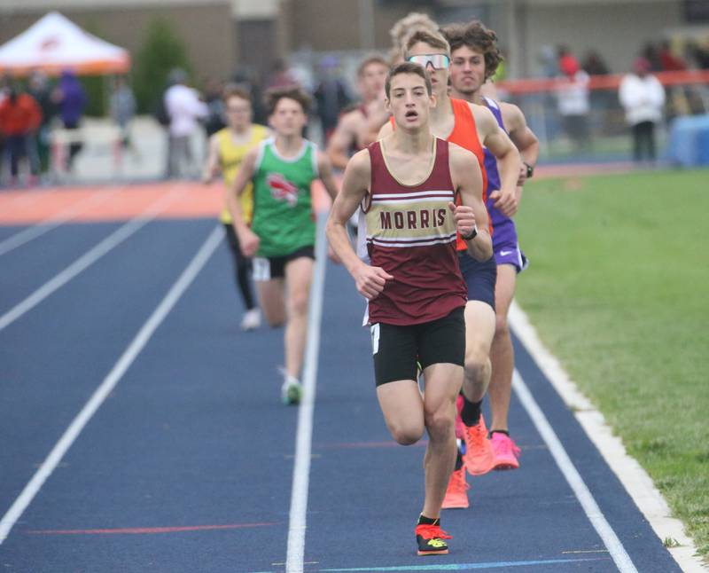 Morris's Cuyler Swanson wins the 3200 meter run during the Class 2A Sectional meet on Wednesday, May 21, 2025 at Pontiac High School.